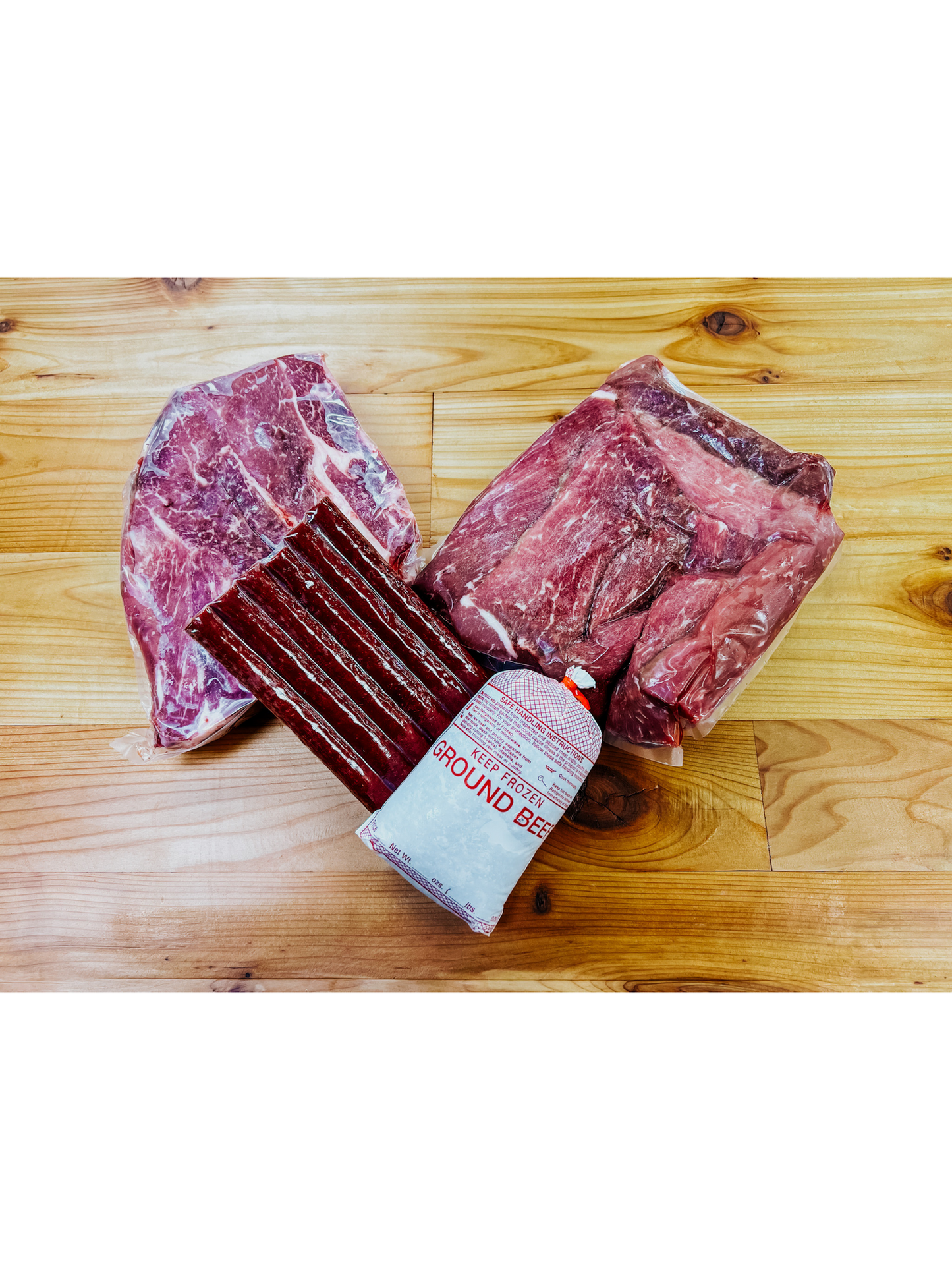 The Sampler with Short Ribs including 1 Dry Aged Beef Roast, 1 Dry Aged Ground Beef, 1 Dry Aged Boneless Short Ribs, 1 Flavor of the Month Beef Sticks Package of 6