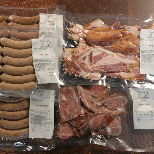 The Saturday Morning Breakfast Box from Fertile Acreage Farms, consisting of Canadian bacon ends and pieces, breakfast links, and bacon ends and pieces.