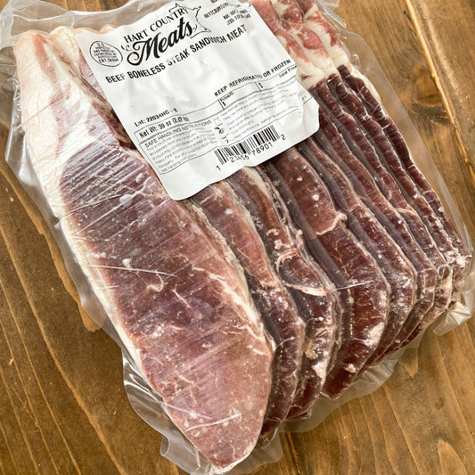 A package of thin-sliced New York strip steaks, the contents of the Halftime New York Strip Steak Sliders Box from Hart Country Meats