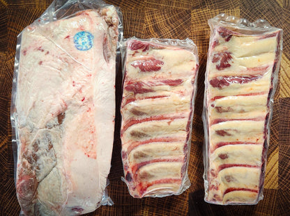 The contents of the Ribs'N Brisket box from Hart Country Meats, consisting of 2 racks of ribs and 1 brisket.