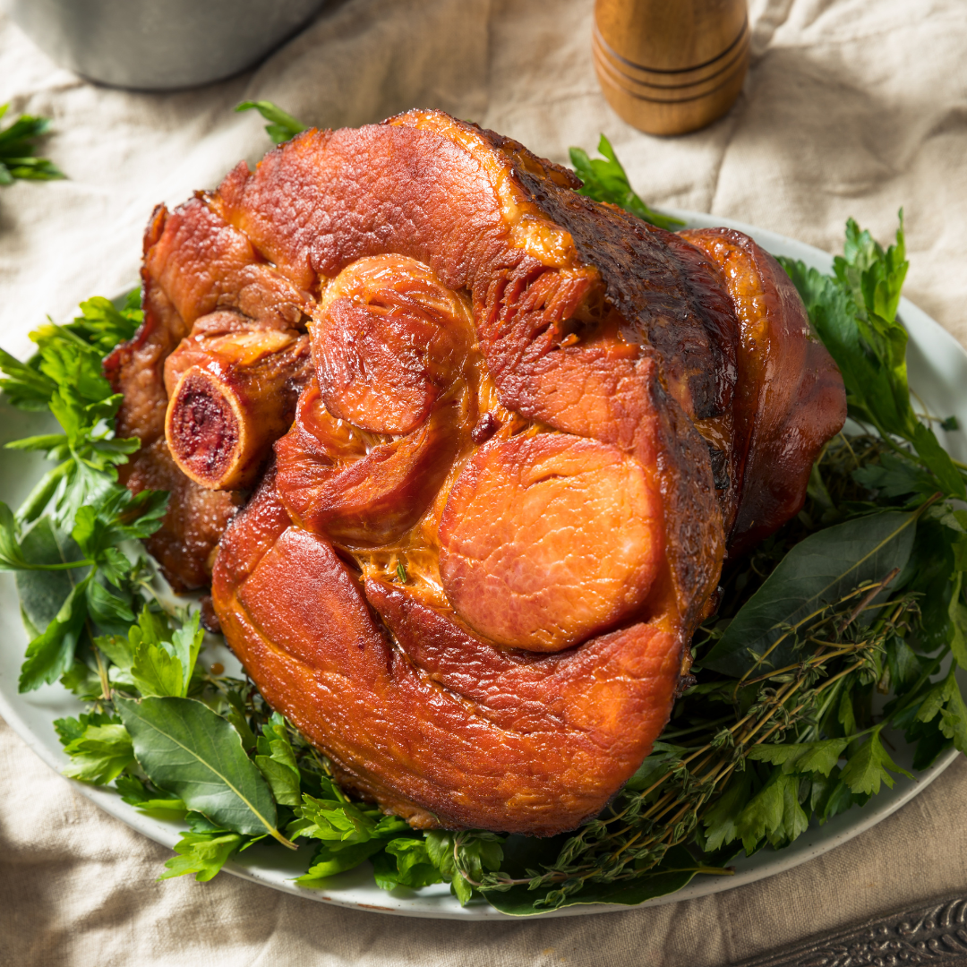 A whole, smoked, bone-in ham, the contents of the Smoked Bone-In Ham box from Hart Country Meats