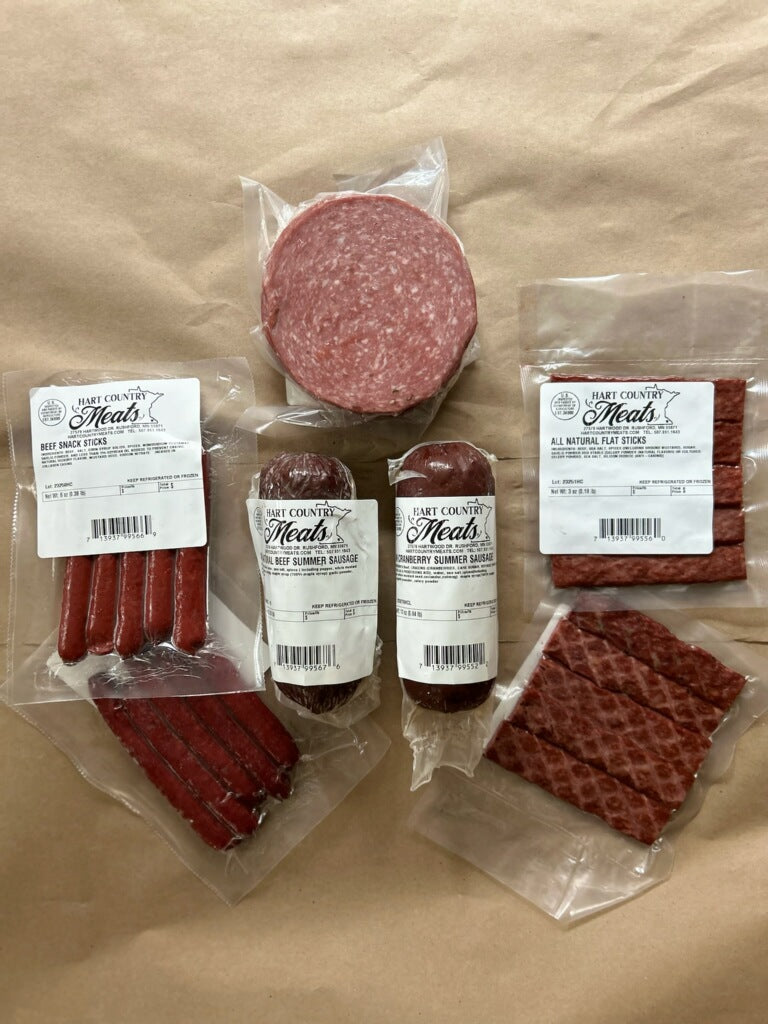 You Had Me at Charcuterie including 1 All Natural All Beef Summer Sausage, 1 All Natural Cranberry Summer Sausage, 1 Cotto Salami, 2 All Natural Flat Strips, Snack Sticks assorted flavors