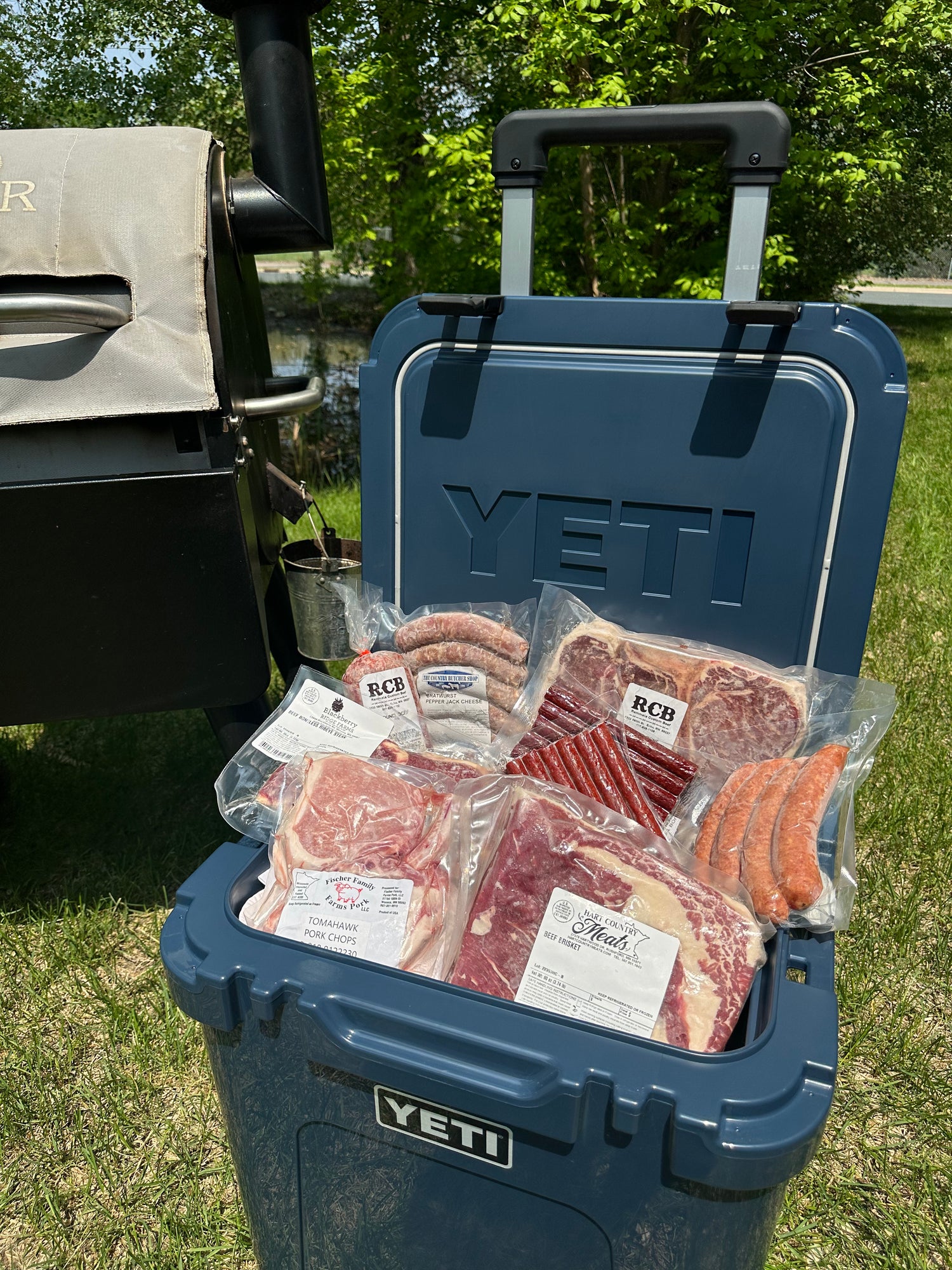 A picture of one of our corporate gifting solutions: A Yeti Cooler filled with meats from small family farms and producers.