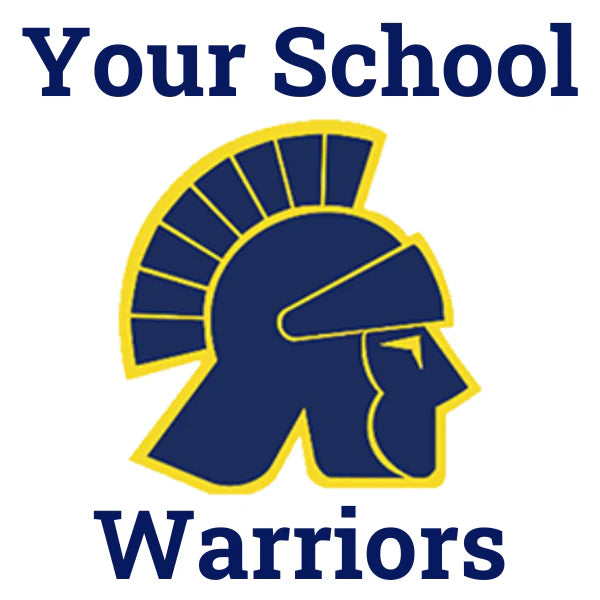 Default image of a high school mascot logo as an example, with the words "Your School" above and "Warriors" below the image.