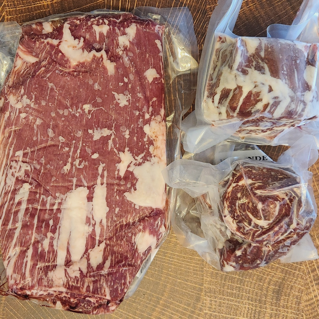 Contents of the American Wagyu Taco Box from Verlinde Farms, consisting of a skirt steak and 2 flank steaks.