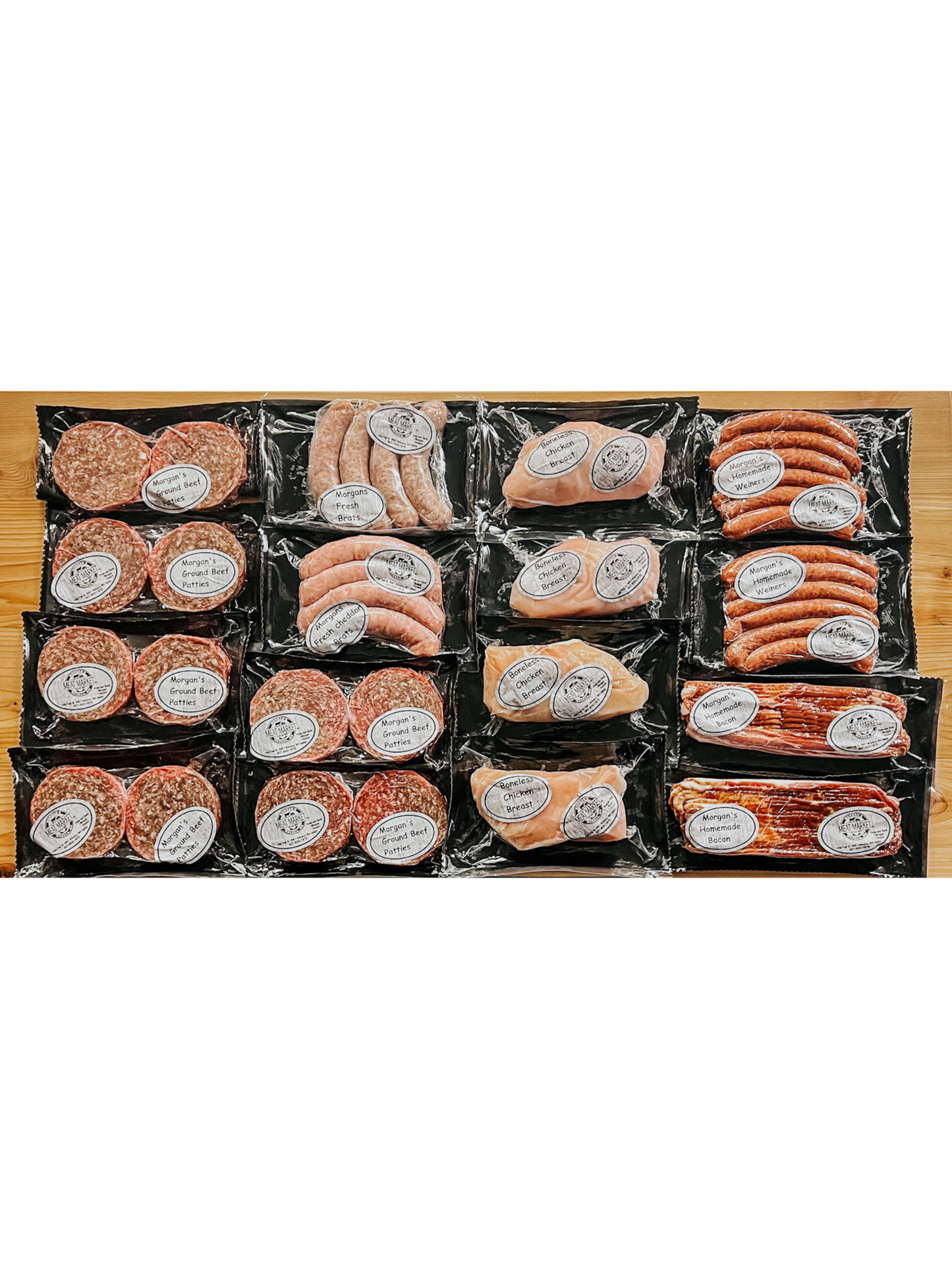 Family Grill Box including 1 Original Brats Pack of 4, 1 Specialty Brats Pack of 4, 2 Original Hickory Smoked Bacon 1 lb Packages, 4 Chicken Breasts, 2 Wieners Pack of 6, 12 Ground Beef 1/4 lb Patties